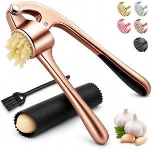 Kitchen Garlic Press, Rust Proof & Dishwasher Safe Garlic Mincer, Durable Garlic Crusher Set with Peeler＆Brush, Easy to Clean and Squeeze, Copper