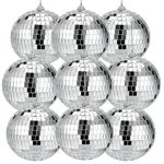 Suwimut 9 Pack Mirror Disco Ball, 4 Inch Small Mirror Ball Ornaments Silver Hanging Disco Balls with Attached String for Reflect Light, Party Favor, Home Bands Decorations, Stage Props, Christmas