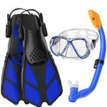 CKE Snorkel Set with Fin for Kids Adults Teens Snorkeling Snorkel Diving Scuba Package Set Anti-Fog Anti-Splash Silicon Mouth Piece for Men Women (Blue, Kid)