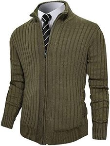 Pioneer Camp Men's Cardigan Sweaters Full Zip Up Stand Collar Slim Fit Casual Knitted Sweater with 2 Front Pockets, Military Green, X-Large