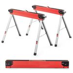 COSTWAY Folding Saw Horse Twin Pack, Heavy Duty Workbench with Flip-Down Pegs, 2 x 4 Support Arms, Non-Slip Pads & Surface, Fully Assembled Metal Trestle Stands Sawhorse, Each Max Load 500kg (Red)