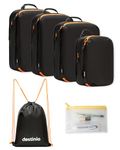 Destinio Compression Packing Cubes for Travel, 6 in 1 Water Resistant Travel Organizer Pouch Set (4 Cubes+ Drawstring Bag+ Cosmetic Pouch), Luggage Suitcase Wardrobe Bags for Clothes Shoes (Black)