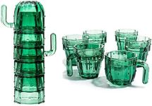 Cactus Stackable Glasses, Stacktus Gifts, Set of 6-10 oz Cactus Shape Glasses With Handles Green Glass Blown Figurines Plant Decorations for Parties 3.5" H 5" W - Copyright Design, Patent Pending