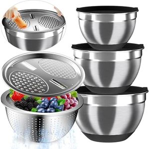 Mixing Bowls with Airtight Lids, Stainless Steel Mixing Bowl Set with 3 Metal Nesting Bowls, Colander & Grater, Non-Slip Bottoms, Size 1.5, 2.5, 6 QT, Great for Mixing & Serving, Black