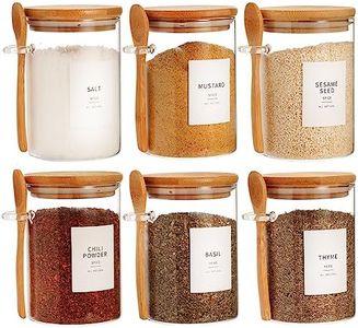 HHMJSM 6 Pcs Glass Jar with Bamboo Lid and Spoon - 17 oz Large Sugar Container with 148 Kitchen Pantry Spice Jar Labels Preprinted - Glass Containers with Wooden Lids Hold Coffee, Tea, Candy