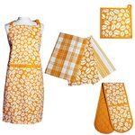 Prime Homewares Orange Bean Design Pot Holder, Double Oven Glove, Tea Towels, Apron Orange Bean Design (Full 6pc Set)