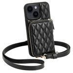 LAMEEKU Compatible with iPhone 15 Wallet Case with Card Holder, Quilted Leather Zipper Crossbody Case, Card Slots Case Wrist Strap Lanyard Purse Cover Gift for Women for Apple iPhone 15 6.1" Black