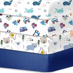 lumono Crib Sheets Boy 4 Pack, Baby Crib Sheet for Standard Crib & Toddler Mattress, Super Soft Breathable Crib Sheets Fitted for Baby Boys and Girls, Whales Tale/Toy Cars/Lovely Bear/Navy Blue