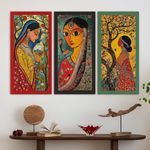 PAPER PLANE DESIGN Madhubani paintings for living room. Set of 3 canvas wrapped framed madhubani art for wall decor. 12 x 24 inch x 3 frames. (C)