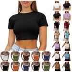 Crop Tops for Women Cute Summer Workout Basic Tees Slim Fit Casual Blouse Trendy Short Sleeve T Shirts for Teen Girls, A01_black, Medium