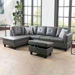 UBGO Living Room Furniture, Faux Leather, 3-Piece Sectional Set Include Three-Seater Couch with Chaise Lounge & Storage Ottoman,L-Shape Sofa-Dark Grey (Left Hand Facing)