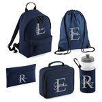 Personalised Kids Back To School Kit with Custom Name | Navy Blue with Grey Initial Backpack, Lunch Bag, PE Kit Bag, Pencil Case & Water Bottle | Perfect for Boys & Girls Starting Nursery or School