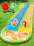 Sloosh 22.5ft/685.8cm Slip Slide 2 Person Deluxe Water Slides with 2 bodyboards Backyard Outdoor Slip Lawn Waterslide 2 Sliding Racing Lanes with Sprinklers Summer (Orange)