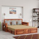 Sofa Cum Bed Home Furniture || Wood Sofa Cums Bed for Home | Sofa Cums Bed for Living Room | Without Pillow | Sofa Com Bed | Wooden Sofa Cums Bed | with Storage | Walnut Finish (‎5Honey Finish)