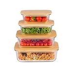 iTrend 4pc Glass Food Storage Set with Bamboo Lids - Leakproof & Airtight Boxes - Plastic-Free, Heat & Cold Resistant Glass - Microwave, Oven & Dishwasher Safe - Ideal for Lunch, Meal Prep & Baking