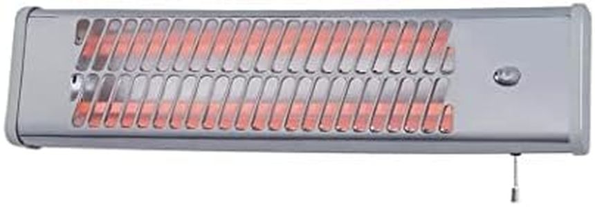 Wall Mounted Heater 1200W Quartz, Silver Chrome, Pull Cord Operation, 2 Heat Settings, Halogen Heater, Suitable for Bathroom, Patio, Garage, Workshop, Laundry Room or Office