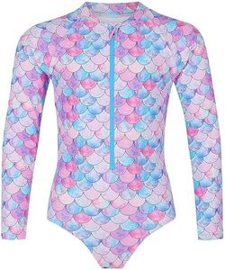 Tame the Sun Long Sleeve Girl Swimsuit - Rash Guard with Frills, UPF 50+ Zipper Mermaid Swimwear - Bathing Suit for Ages 3-12