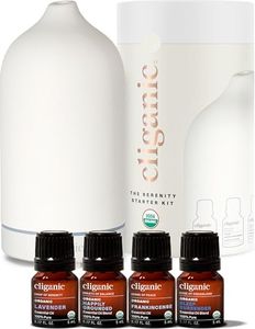 Cliganic Serenity Essential Oils Diffuser Set – Aromatherapy Humidifier with LED for Home, Office & Bedroom Includes Frankincense, Lavender, Grounded & Sleep Essential Oils Kit