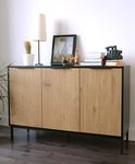 Inspirer Studio Sideboard Buffet Storage Cabinet Cupboard with 3 Doors and Adjustable Shelves for Dining Room, Kitchen, Living Room, White Oak