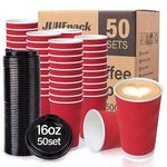 JUHEpack Disposable Coffee Cups With Lids,50 Pack,16 oz Insulated Ripple Wall Paper Coffee Cups,To Go Iced Coffee Cups for Hot and Cold Beverages Tea Hot Chocolate Drinks (Red, 16oz-50)