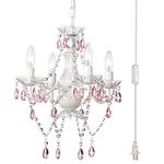 Pink Chandelier Small Plug in Chandelier White Chandelier with Pink Crystal Accents Plug in Swag Light with Cord 4 Light Crystal Chandelier for Bedroom