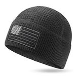 Outdoor Shaping Grid Fleece Beanie with American Flag Embroidery Waffle Tactical Army Military Skull Cap, Black, One Size