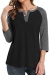 Rinethy 3/4 Sleeve Raglan Shirts for Women Color Block Henley Blouse Button Tunic Tops Gray Sleeve XL