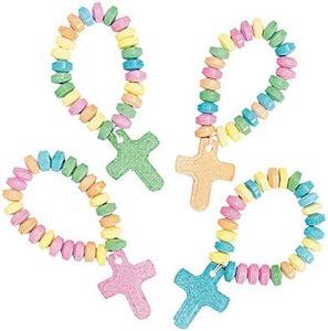 Fun Express Candy Cross Bracelets Individually Wrapped 12 Pack - Religious Scripture Candy Jewelry for Kids Church VBS Sunday School Easter Party Favors | Stretchable Fruit-Flavored Goodie Bag