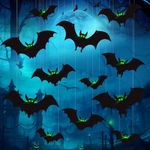 12 Pcs Hanging Bats Halloween Decorations Outdoor - Large Flying Plastic Bats Outside Decor - 3 Different Sizes - Glow in Dark Eyes for Hanging in The Tree, Porch, Yard, Lawn, Indoor