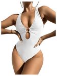 GORGLITTER Women's Cut Out Twist Back One Piece Swimsuit Bathing Suit Plunging V Neck High Cut Swimming Costume Sexy Swimwear White L