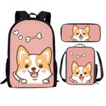 Showudesigns Cute Corgi Kids School Backpack with Lunch Box for Girls Cute Rucksack Cartoon Puppy Dog Children Bookbag Lunch Bag and Pencil Case 3 Pieces Set Pink