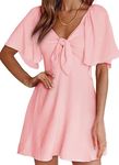 Dokotoo Cute Summer Dresses for Women Spring Sexy V-Neck Bow Tie Flutter Bell Sleeve Elegant Solid Color Mini Dress Smocked Back A Line Short Dress Empire Waist Dresses for Women Wedding Guest Pink L