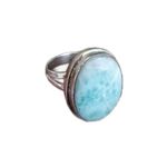 Natural Larimar Ring, Sterling Silver Ring, Boho Ring, Ocean Blue Ring, Dominican Larimar Oval Ring, Statement Ring, Healing Crystal, Women Ring, Birthday Gift Jewelry, Promise Ring, Engagement Gift, Handmade Ring,Natural Dominican Larimar