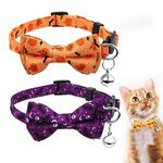 2pcs Halloween Cat Collar, Adjustable Cat Collar with Bow Printed Pumpkin Bats Pattern Cat Collar Breakaway with Silver Bell Cute Collar for Kitten Puppy