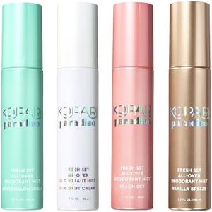 Kopari Paradiso Sweat to Sweet Deodorant Mist Kit | 4-Piece Aluminum-Free Fresh Set All-Over Deodorant Mist Discovery Set | Watermelon Sugar, Coconut Cream, Peach Sky & Vanilla Breeze
