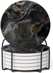 Hoomey Set of 6 Abstract Black Marble Coasters with Holder, Absorbent Ceramic Coasters for Drinks, Coasters with Cork Backing for Table Protection, Housewarming Gifts for New Home