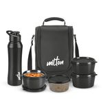 Milton Food Fiesta Tiffin (3 Microwave Safe Inner Steel Containers, 320 ml; 1 Plastic Container, 280 ml; 1 Comet Bottle, 750 ml)With Insulated Fabric Bag, Black, Leak Proof, Odour Proof, Easy to Carry
