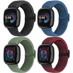 Acortjl Elastic Braided Solo Loop Band Compatible with Fitbit Versa 4/Fitbit Sense 2/Fitbit Versa 3/Fitbit Sense, Stretchy Straps Nylon Sport Wristband for Women Men, 4 Packs