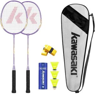 Kawasaki Badminton Schläger Set 2, Leichtgewicht Profi Badmintonschläger mit 3 Federbälle, 1 Schlägertasche, 2 Federballschläger für Sport und Unterhaltung - Lila