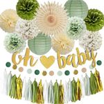 Baby Shower Decorations for Boys Girls Sage Green Party Decorations Oh Baby Banner Olive Sage Green Cream Paper Pom Poms Paper Tassels Garland Circle Dots Garland for Neutral Baby Shower Party Decor