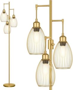 Dimmable Floor Lamp, 3 x 800LM LED Edison Bulbs Included, Farmhouse Industrial Floor Lamp Standing Tree Lamp with Elegant Teardrop Cage Head Tall Lamp for Living Room Bedroom Office Dining Room - Gold