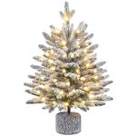 Yaheetech 2ft/68cm Pre-lit Potted Flocked Tabletop Christmas Tree, Mini Snowy Frosted Artificial Spruce Xmas Tree with 35 Warm White LED Lights and 262 PE Branch Tips for Home Porch Decor