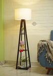 Crosscut Furniture Wooden Floor Lamp with Shelves in Dark Finish (Cotton White). LED Bulb Included