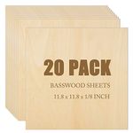 20Pack Basswood Sheets 1/8 Plywood Sheets 11.8 x 11.8 Inch Craft Wood Sheets for Architecture Model Materials, Wood Carving, Pyrography, Wood Burning, Drawing, Painting, Craft DIY Project, 3mm