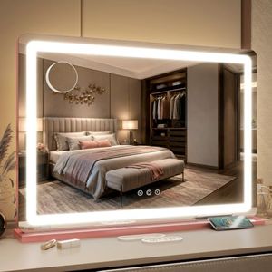FENNIO Pink Vanity Mirror with Lights 32"x22", Lighted Makeup Mirror, Large Vanity Mirror with Lights, Touch Sensor with 3-Color Lighting, USB Charging Port for Vanity Desk Tabletop