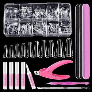 Clear Coffin Nail Tips Set, MORGLES 500pcs Long Nail Tips for Acrylic Nails Professional Half Cover Ballerina French Nail Tips Fake Nails Kit with Nail Glue, Clipper, Files, Cuticle Pusher and Fork