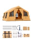 VEVOR Inflatable Tents for Camping, 8-12 Person Easy Setup Blow up Tent with Hand Pump, 4 Season Luxury Glamping Tent with 2 Skylights, Canopy, Stove Jack, 2 Doors & Mesh Windows (Include Storage Bag)