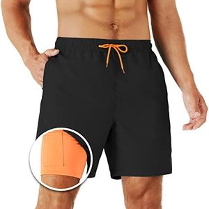 URBEST Men's Swim Trunks with Compression Liner Quick Dry Beach Shorts with Pockets for Beach and Swimming Black L