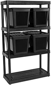 Gracious Living 4 Shelf Fixed Height Ventilated Medium Duty Shelving Unit, Organizer System with 10-Gallon Storage Bins & Lids, Black