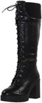 Generation Y Women's Knee High Combat Boots Lace Up Chunky Heel Knitted Cuff Zipper Closure, Black Smooth Pu, 10